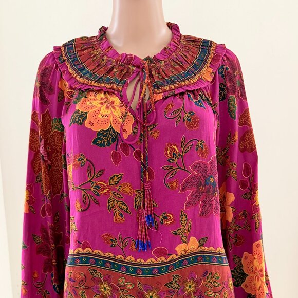 Rachel Zoe Women's Sz M Fuchsia Floral Blouse Rushed Neck Long Sleeves - NWOT - Picture 4 of 9